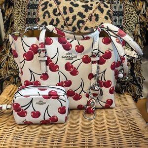 Coach Mollie 25 & Pouch Wristlet & Trigger Snap Bag Charm - Cherry Print 🍒